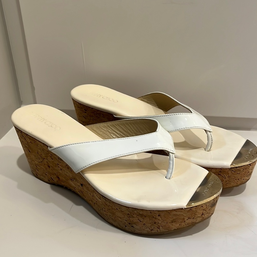 White Patent Leather Jimmy Choo Wedge Sandal. Size Euro 40.
